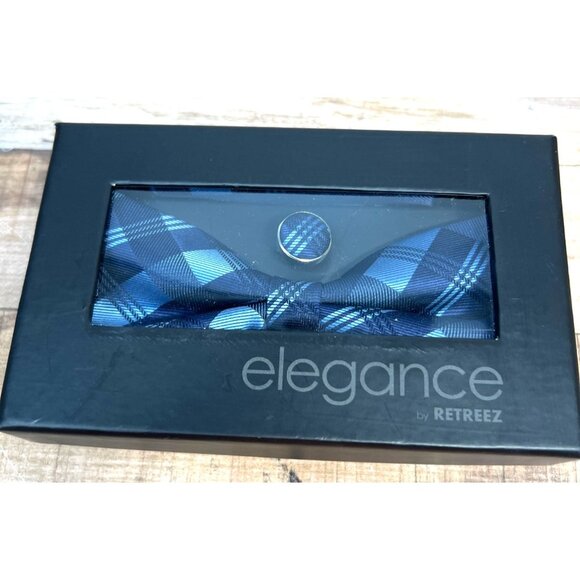 Elegant Blue Plaid Bow Tie Set With Cufflinks & Pocket Square By Retreez - Picture 2 of 3